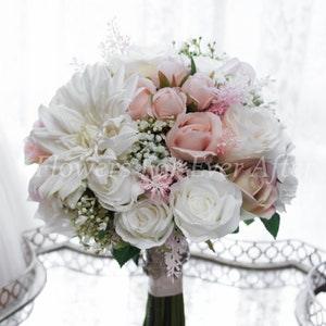 Ava Bridal Bouquet White,Blush, Dusty Pink Bridal Bouquet, Wedding Flowers, Wedding Posy, Dahlia, Rose wedding bouquet, Babys breath bouquet