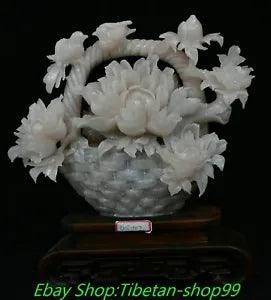15.3'' China Natural Xiu Pink Jade Carve Bird Animal Peony Flower Basket Statue