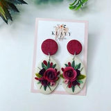Red Rose bouquet polymer clay earrings medium drop