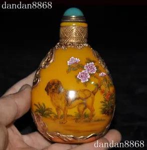5" old Chinese rare exquisite crystal Gilt animal dog peony flower snuff bottle