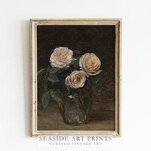 Muted roses bouquet art print - Vintage flower oil painting, Neutral still life wall art, Moody wall decor, Floral art print, MAILED PRINT