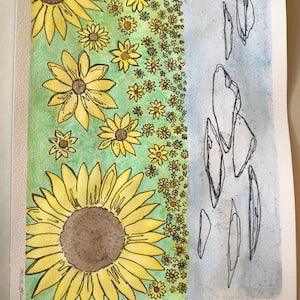 Watercolor painting, sunflowers, landscape