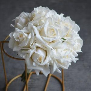 8" Ivory Real Touch Roses Bouquet, Cream White Simply Bridesmaids Bouquet, Fake Roses Home Decor Flowers, Vintage White Color