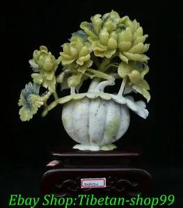 16"China Natural Xiu Green Jade Carve Peony Bird Flower Basket Hoppet Art Statue