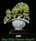16"China Natural Xiu Green Jade Carve Peony Bird Flower Basket Hoppet Art Statue