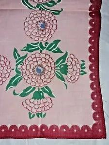 Vintage Hankie Handkerchief Cotton Pink w/ Carnation Flowers  13"
