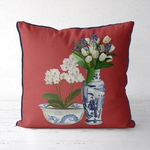 Chinoiserie pillow covers Red euro sham Floral couch cushion Oriental pillow Chinese decor Floral orchid decorative pillow Flower duo 4