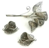 Antique Jewelry Set Victorian Calla Lily Brooch Earrings C Clasp Silver Filigree