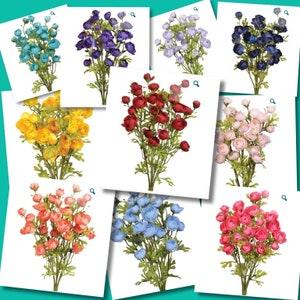 Mini Ranunculus Bush, 10 exciting colors, Navy, Coral, French Blue, Blush, Hot Pink, Yellow, Purple, Lavender, Burgundy, Turquoise