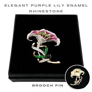 Purple / Orange Lily Enamel Rhinestone Brooch Pin / Microfiber Jewelry Pouch