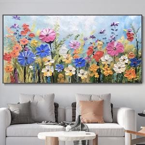 Large Colorful Flowers Canvas Oil Painting Custom Floral Landscape Art Blooming Colorful Flower Field Art Abstract Colorful Flower Field