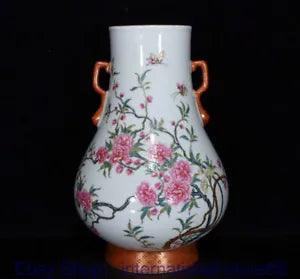 12.8" Qianlong Marked China Famille Rose Porcelain Peony Flower 2 Ear Bottle