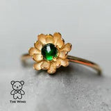 Peony Flower Engagement Ring with Tsavorite Garnet 18K Yellow Gold Wedding Band