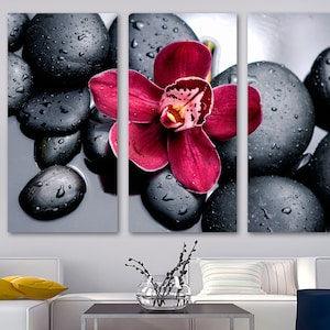 Red Orchid Flower & Spa Decor Wall Art Canvas Print. Zen Art for Spa. Botanical Art Therapy Stones - Giclee office decor, interior design