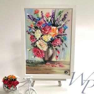 Peonies Painting Original Art Bouquet Flowers Painting White Pink Peony Painting Canvas Oil Lavender  Painting 8" ?? 12"WildflowersPaintingr