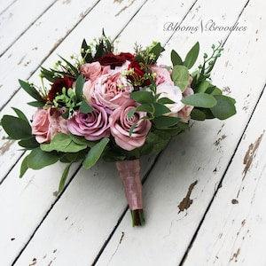 Wedding Bouquet Wine Dusty Rose Blush Ivory, Boho Bridal Bouquet for weddings, Rose Peony Eucalyptus Bouquets Silk, Faux