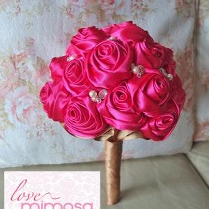 Bridal Bouquet,  Satin Rose Bouquet, Fuchsia and Gold Bouquet, Wedding Flowers