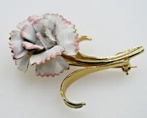 Lovely Pink White Enamel Carnation Flower Gold Tone Brooch B8