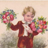Flowers gift - Lovely Vintage old postcard from France 1930s - Little Boy & dog children Enfantina Rose Bouquet - Fashion Art flower