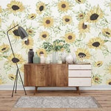 Sunflower Wallpaper. Retro Style Customizable Floral Removable Wall Mural