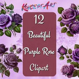 12 x Beautiful Purple Rose Clipart.  Roses Clipart, Valentine Card Design elements, Floral Clipart, Purple Flowers, Floral Clipart, Floral