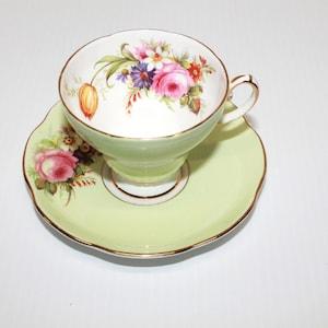 Vintage English Teacup & Saucer by EB Foley, Lime Green with Large Pink Cabbage Rose and Bouquet of Flowers