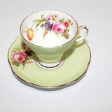 Vintage English Teacup & Saucer by EB Foley, Lime Green with Large Pink Cabbage Rose and Bouquet of Flowers
