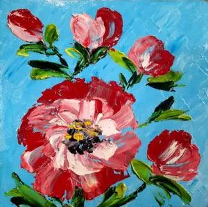 Oil painting by Ukrainian artist 6x6".Peony flowers.Abstraction.Modern mini art.