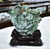 10.4" Myanmar Natural Emerald ice Jadeite Feng Shui Peony Flower Statue