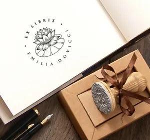 Ex libris Lotus Flower Water Lily Rubber Stamp Personalized, Special Gift Box