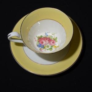 ROYAL STAFFORD  yellow band teacup and saucer multi color flowers bouquet hand painted Gold Rimmed  vintage pink rose England