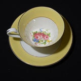 ROYAL STAFFORD  yellow band teacup and saucer multi color flowers bouquet hand painted Gold Rimmed  vintage pink rose England