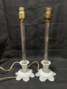Pair of Antique WHITE MILK GLASS Candlestick LAMPS Lily SHAPED BASE WORKS 16???