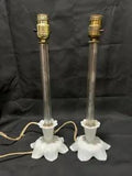 Pair of Antique WHITE MILK GLASS Candlestick LAMPS Lily SHAPED BASE WORKS 16???