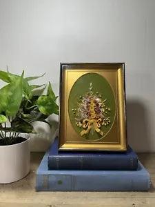 Vintage Handmade Dried Flower Gold Frame Green Velvet Table Or Wall Art
