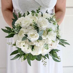 White and Green Wedding Bouquet, Bridal and Bridesmaids Wedding Bouquets, Ivory Rose Peony Silk Wedding Flowers