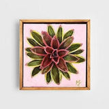 BROMELIAD - wood framed original oil painting - 6x6" - one-of-a-kind pink tropical decor, flower, fine art, 3D wall art, botanical