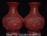 10" China Wood Lacquerware Qianlong Dynasty Peony Flower Bottle Vase Statue Pair