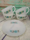 Vintage Fire ?? King Bonnie Blue Carnation Flower 4 Teacups 1 Saucer *AS IS*