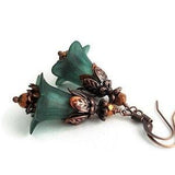 Dark Green Lucite Flower Earrings, Botanical Copper Earrings, Romantic Victorian Jewelry, Long Sparkly Crystal Earrings, Lightweight Dangles