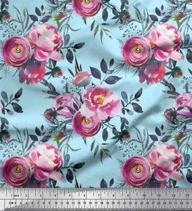 Soimoi Green Velvet Fabric Ranunculus & Penoy Floral Print Fabric-HSq