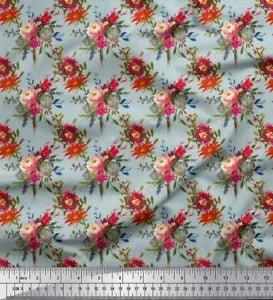 Soimoi Blue Velvet Fabric Leaves & Peony Floral Decor Fabric Printed-RUr