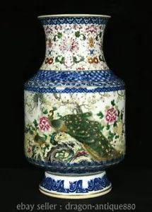 12.2"Old China Qianlong Marked Colour Enamel Porcelain Peacock Peony Flower Vase