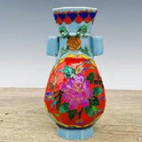 7.3"Antique Song dynasty Porcelain ru kiln mark colour enamels peony flower vase