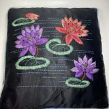 Vintage Crewel Stitched Pillow Water Lily Pad Floral Black Satin Embroidery READ