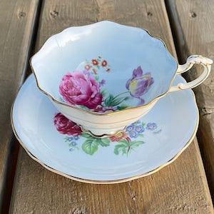 Vintage Paragon Double Warrant Floating Pink Cabbage Rose Floral Bouquet Light Blue Fine Bone China Teacup and Saucer Made In England