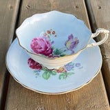 Vintage Paragon Double Warrant Floating Pink Cabbage Rose Floral Bouquet Light Blue Fine Bone China Teacup and Saucer Made In England