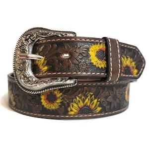 Brown Leather belt for women,   sunflower belt