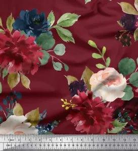 Soimoi Red Velvet Fabric Leaves & Peony Floral Print Fabric by metre-9nC