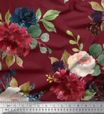 Soimoi Red Velvet Fabric Leaves & Peony Floral Print Fabric by metre-9nC